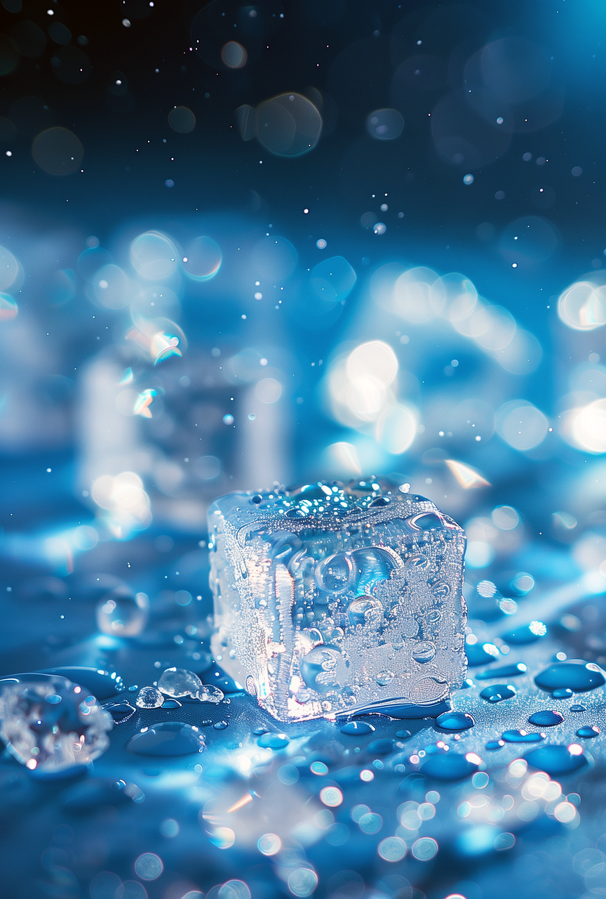ice, cube, melting, bubbles, water drops, blue background, macro, texture, cold, transparent, shiny, close-up, glistening, frosty, reflection, condensation, refreshing, purity, ai generated